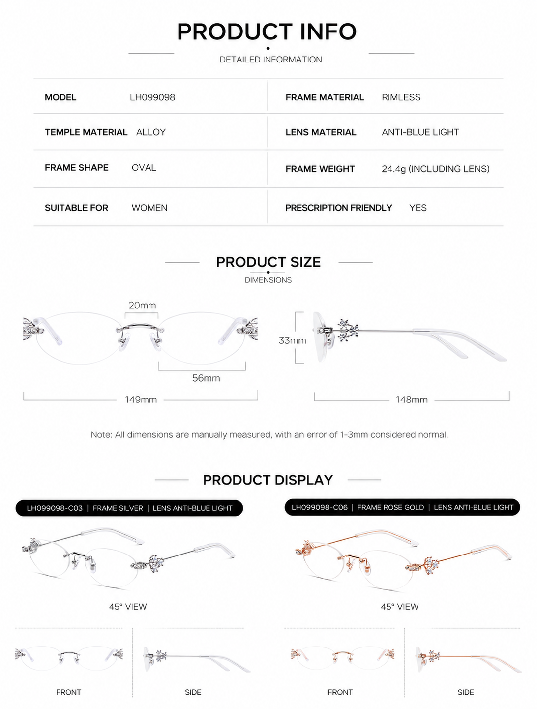 Women Luxury Rimless Glasses | Titanium Eyewear