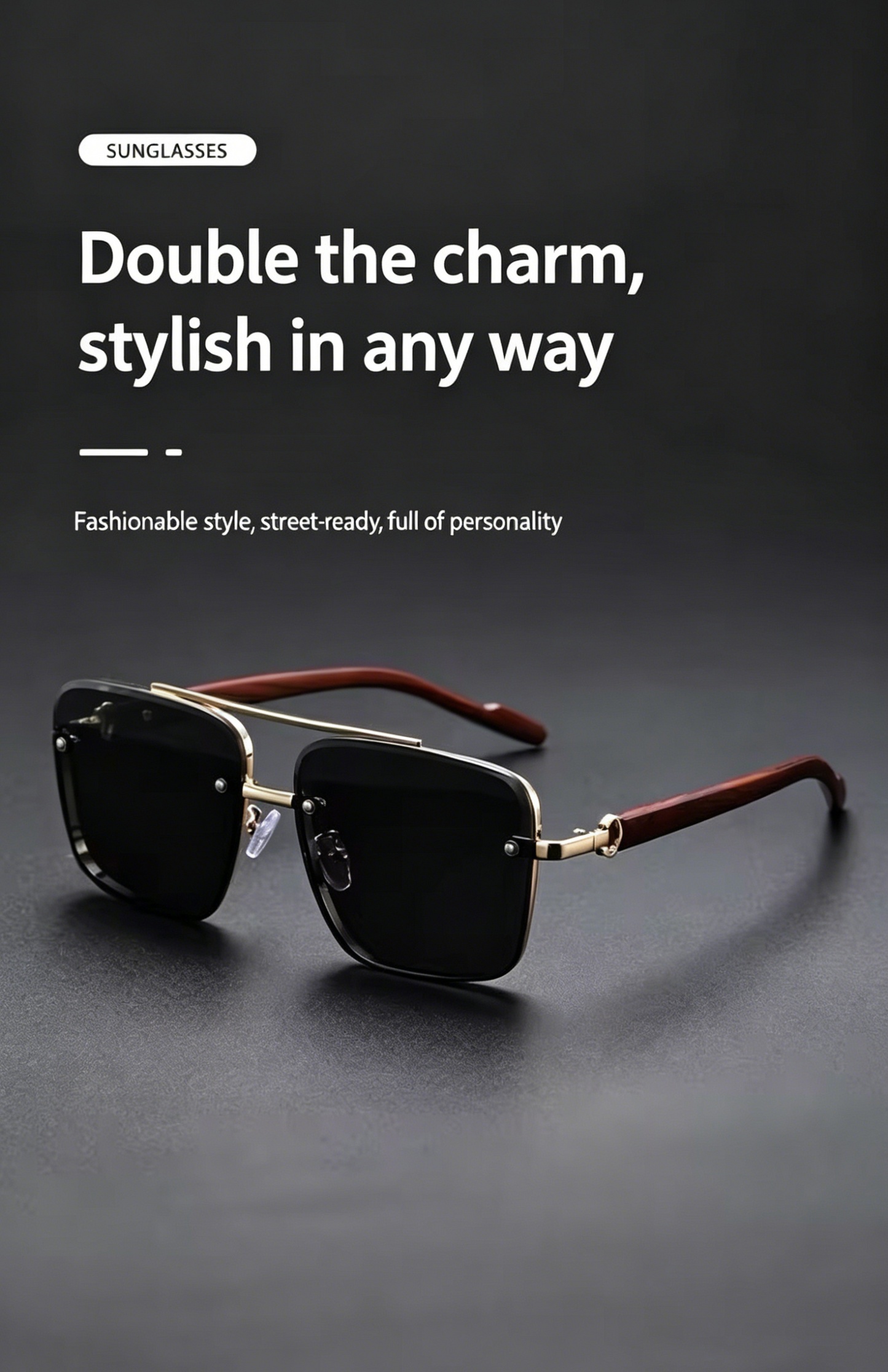 Men's Sunglasses｜Square Shape with Gold Frame & Wood Texture Temples, 6 Gradient Lens Colors Optional