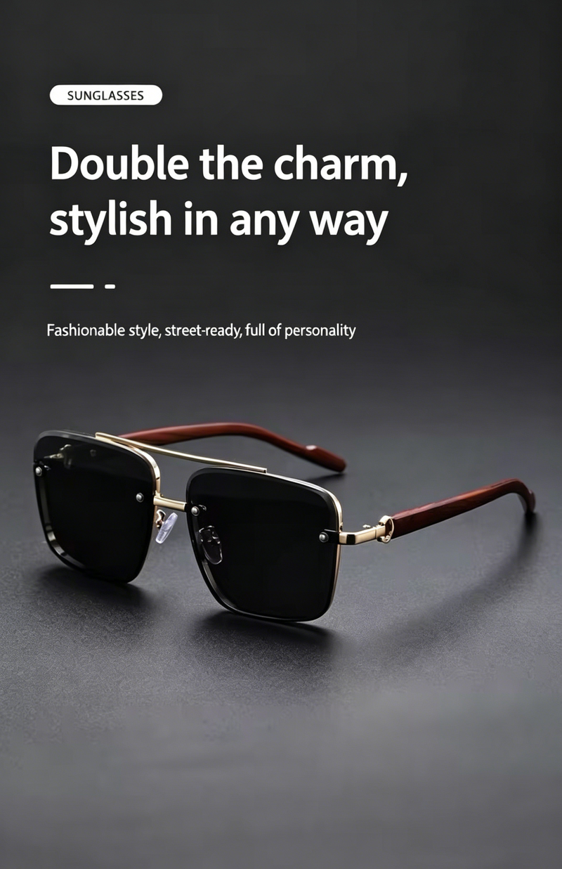 Men's Sunglasses｜Square Shape with Gold Frame & Wood Texture Temples, 6 Gradient Lens Colors Optional