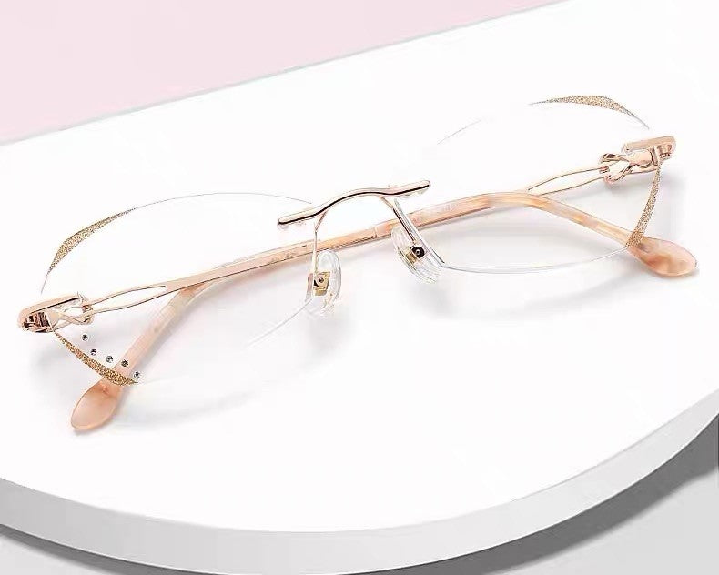 Women Rimless Diamond Cut Prescription Reading Glasses With Chain