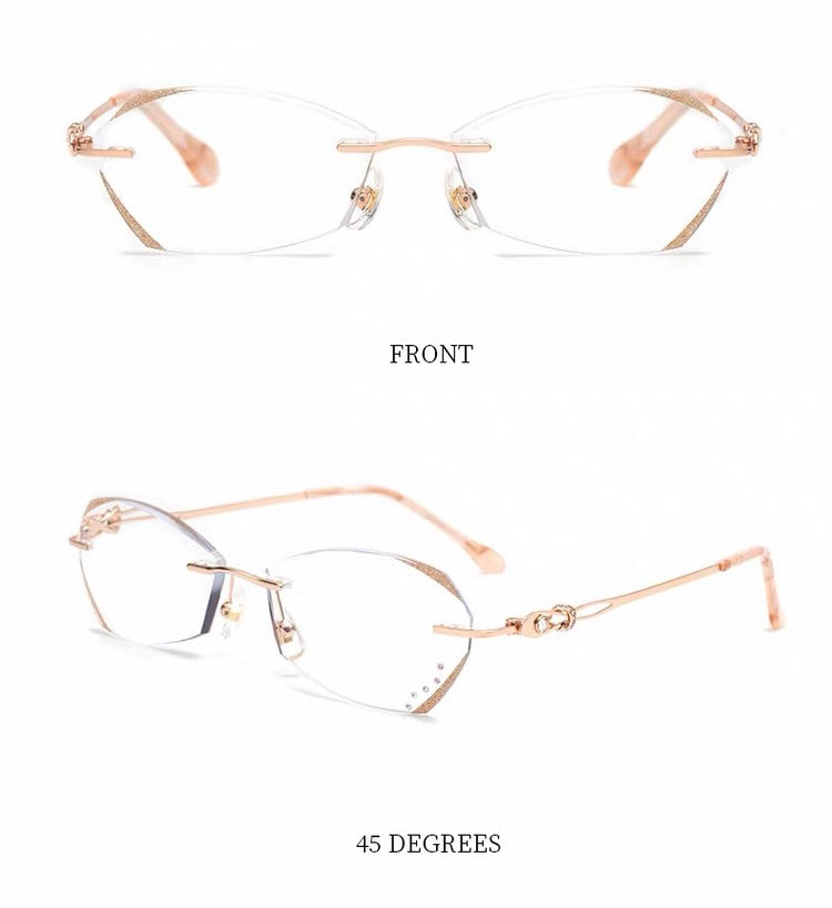 Women Rimless Diamond Cut Prescription Reading Glasses With Chain