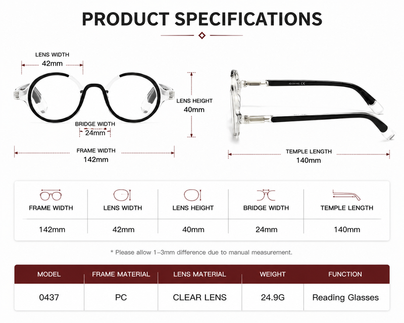 Prescription Reading Glasses, Round Spring Hinge Frame