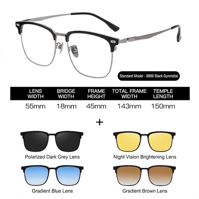 Prescription Eyeglasses | 5-in-1 Magnetic Clip-On Glasses, Polarized Sun Lens & Night Driving Lens