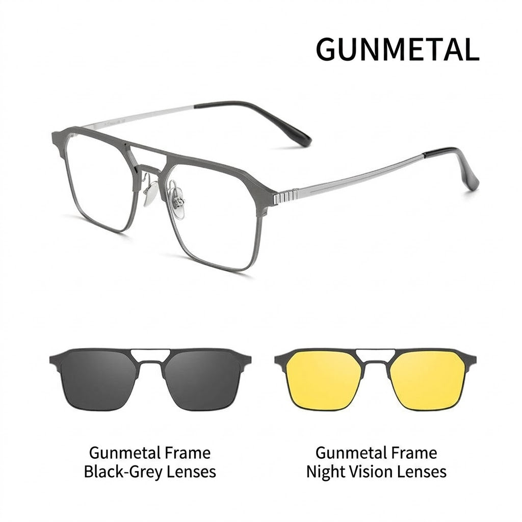 Prescription Eyeglasses | Magnetic Clip-On Glasses with Polarized Sun Lens & Night Driving Lens