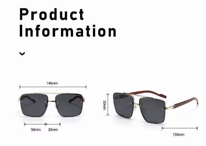 Men's Sunglasses｜Square Shape with Gold Frame & Wood Texture Temples, 6 Gradient Lens Colors Optional