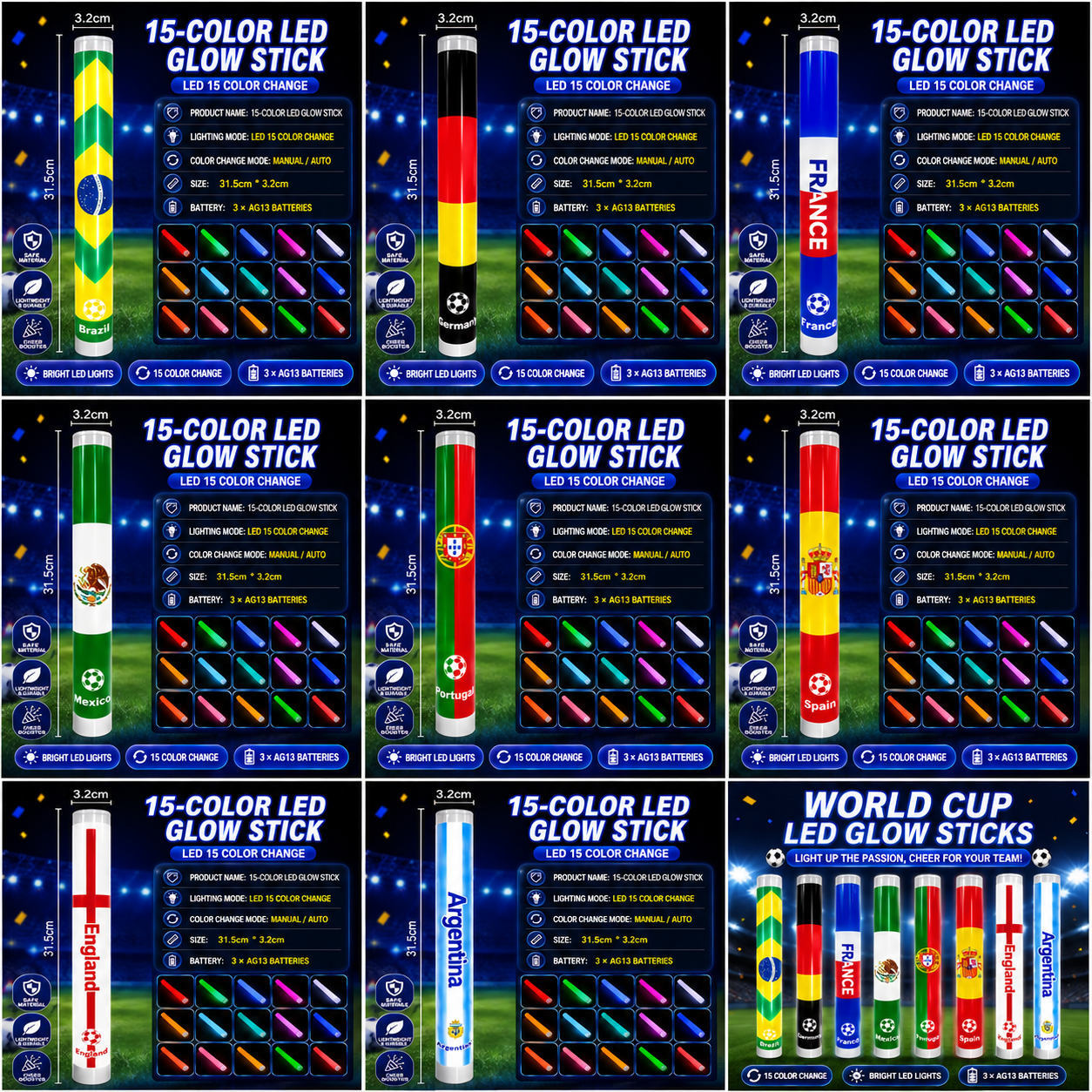 15 Colors LED World Cup Cheer Stick | 8 National Teams Available