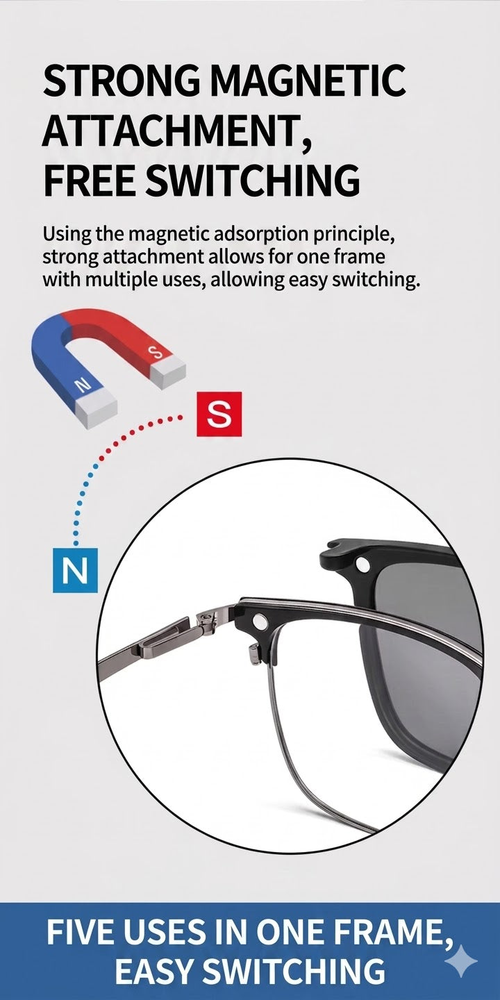 Prescription Eyeglasses | 5-in-1 Magnetic Clip-On Glasses, Polarized Sun Lens & Night Driving Lens