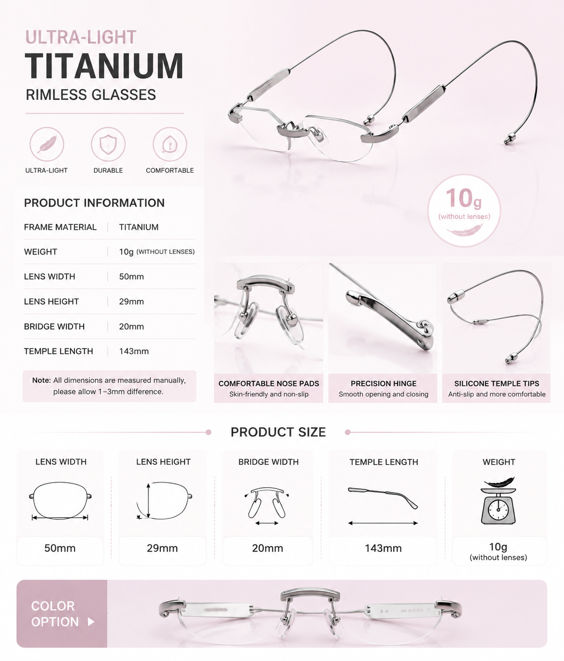 Prescription Eyeglasses | Silver Rimless Pure Titanium Frame