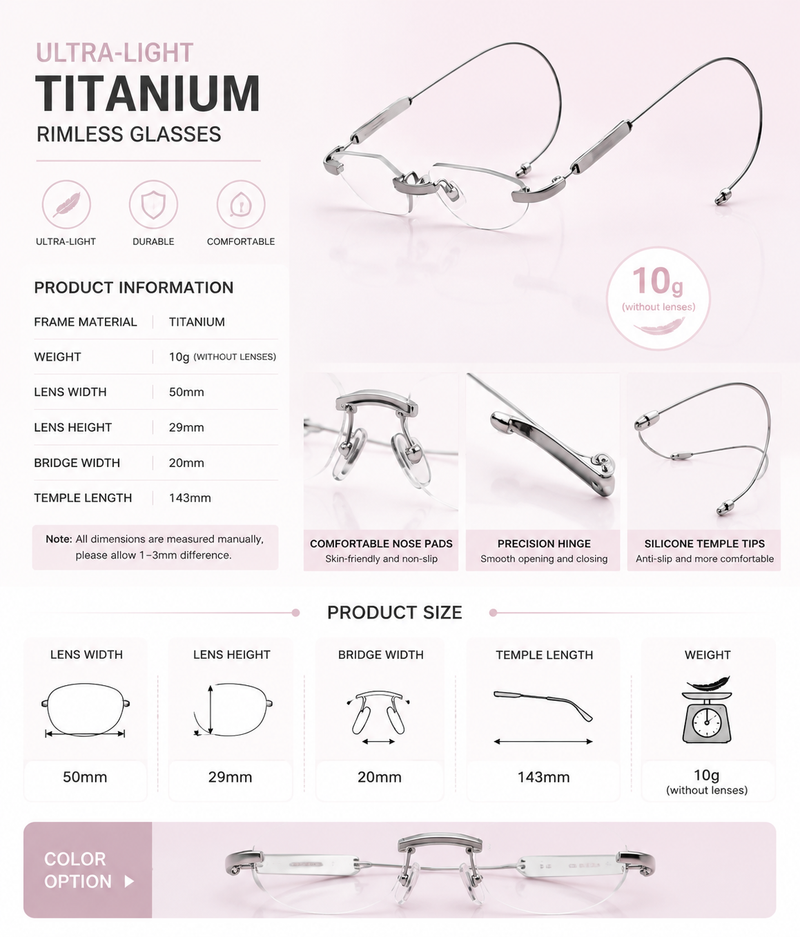 Prescription Eyeglasses | Silver Rimless Pure Titanium Frame