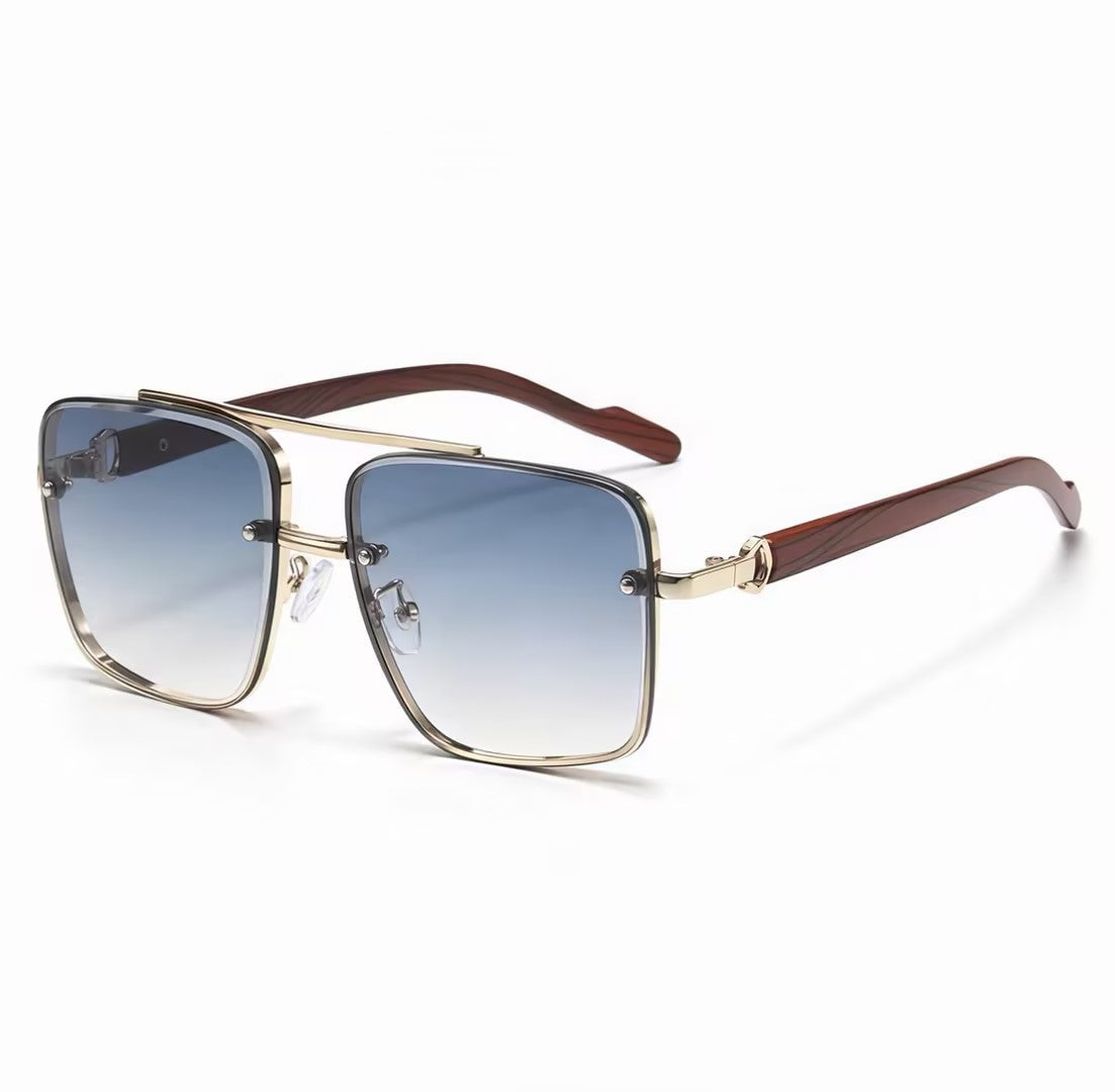 Men's Sunglasses｜Square Shape with Gold Frame & Wood Texture Temples, 6 Gradient Lens Colors Optional