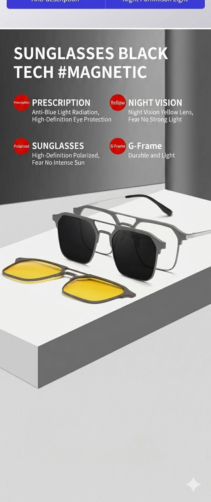 Prescription Eyeglasses | Magnetic Clip-On Glasses with Polarized Sun Lens & Night Driving Lens