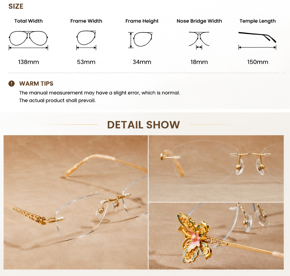 Prescription Women’s Eyeglasses | Ultralight Rimless Gold Butterfly Metal Frame
