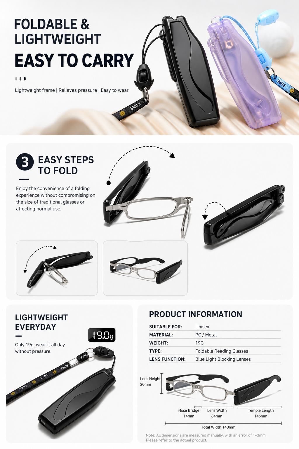 Prescription Reading Glasses, Folding Portable Frame with Neck Chain