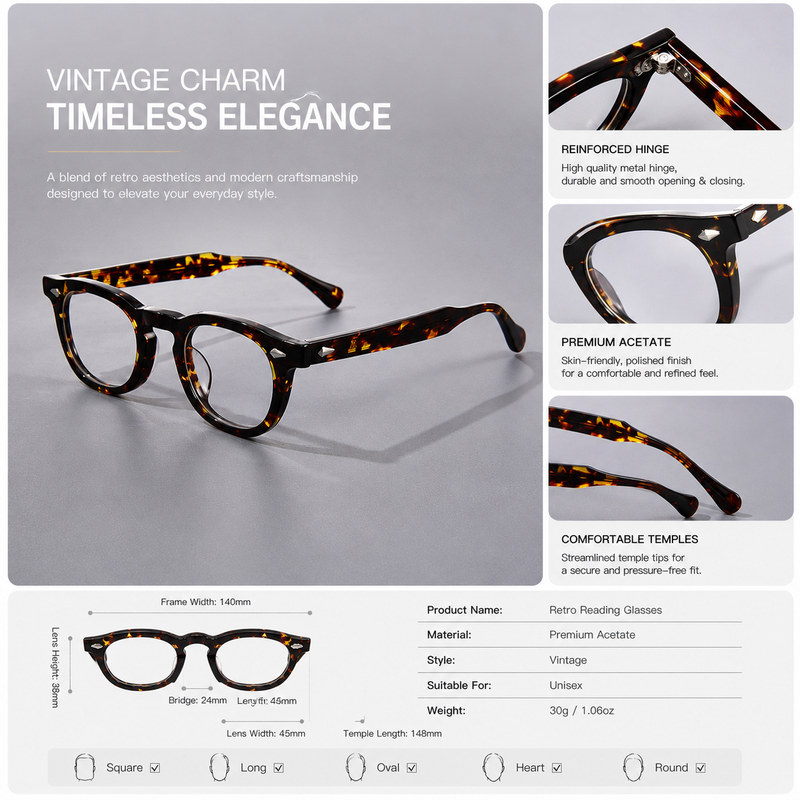 Prescription Reading Glasses, Vintage Blue Light Blocking Frame