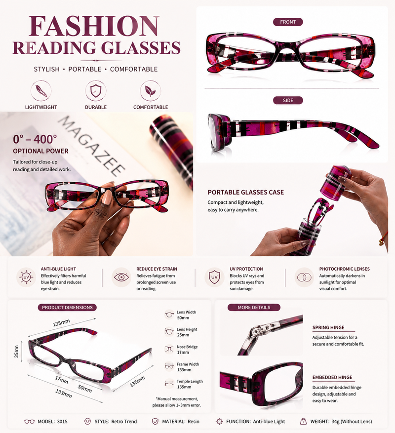 Prescription Reading Glasses, Striped Rectangular With Pearl Chain