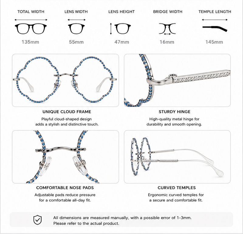 Product information sheet for eyeglasses with specifications and features.