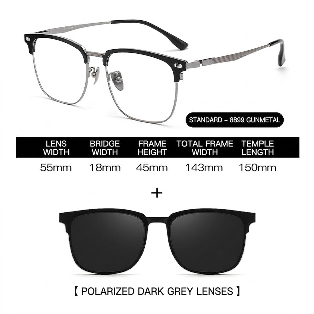 Prescription Eyeglasses | 5-in-1 Magnetic Clip-On Glasses, Polarized Sun Lens & Night Driving Lens