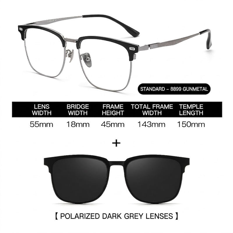 Prescription Eyeglasses | 5-in-1 Magnetic Clip-On Glasses, Polarized Sun Lens & Night Driving Lens